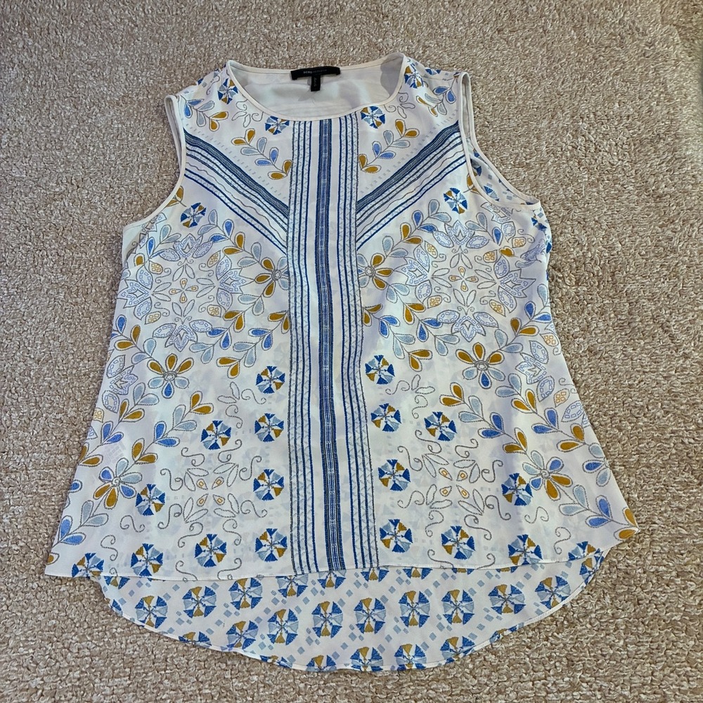 BCBGMAXAZRIA Womens Blouse Large Blue Gold Tile Print Sleeveless Crew High Low